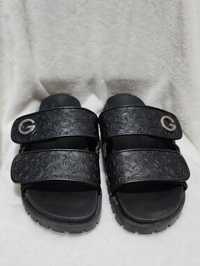 Black G By Guess Logo Embossed Double-Strap Slide Sandals 9